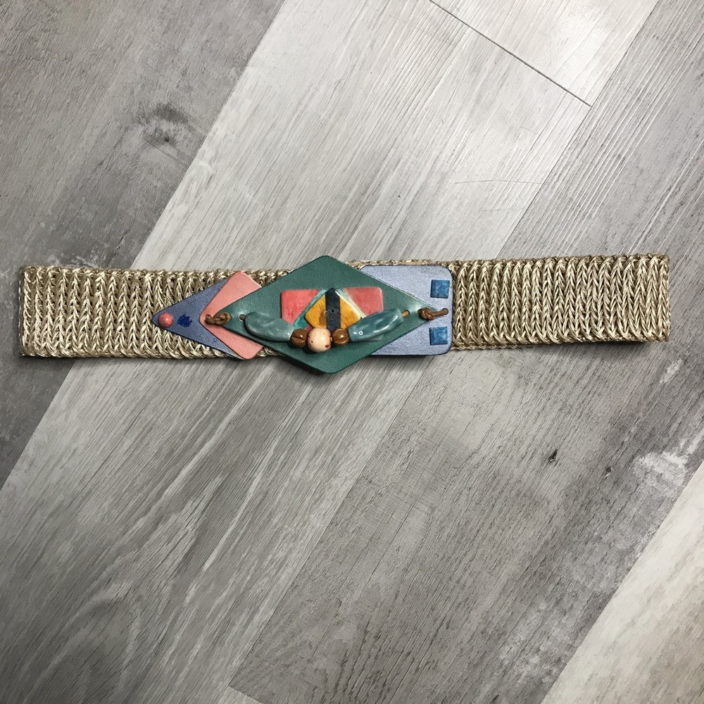 Woven Metallic Gold Elastic Waist Belt with Multicolor Geometric Accent